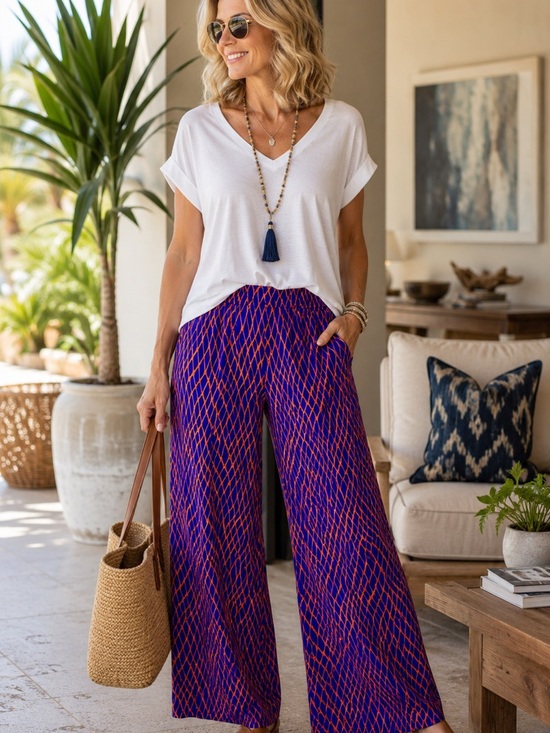 NICOLA Pants - NICO LA Wide Leg Pants L Blue Orange Geometric Pull On Stretch Knit